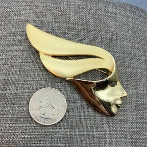 Face Profile Pin Brooch As Is Gold Swish Shiny Matte 80s DIY Craft Repurpose